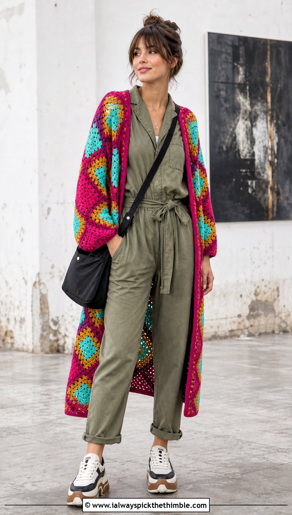 Granny Diamond Howl Crochet Cardigan With Utility Jumpsuit - 20 Howl Crochet Cardigan outfit ideas