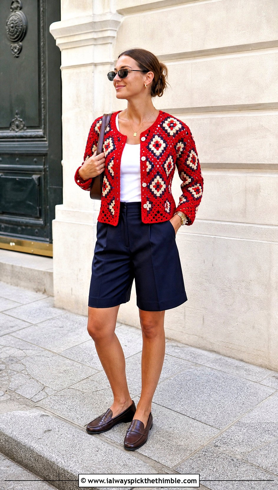 Granny Diamond Motif Crochet Cardigan With Tailored Bermuda Shorts - 20 diamond crochet cardigan outfit ideas