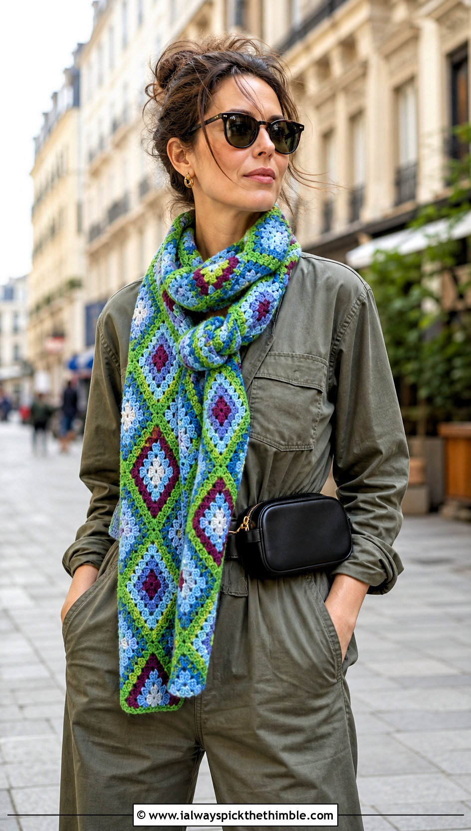 Granny Diamond Motif Scarf With Utility Jumpsuit - 15 diamond crochet scarf outfit ideas