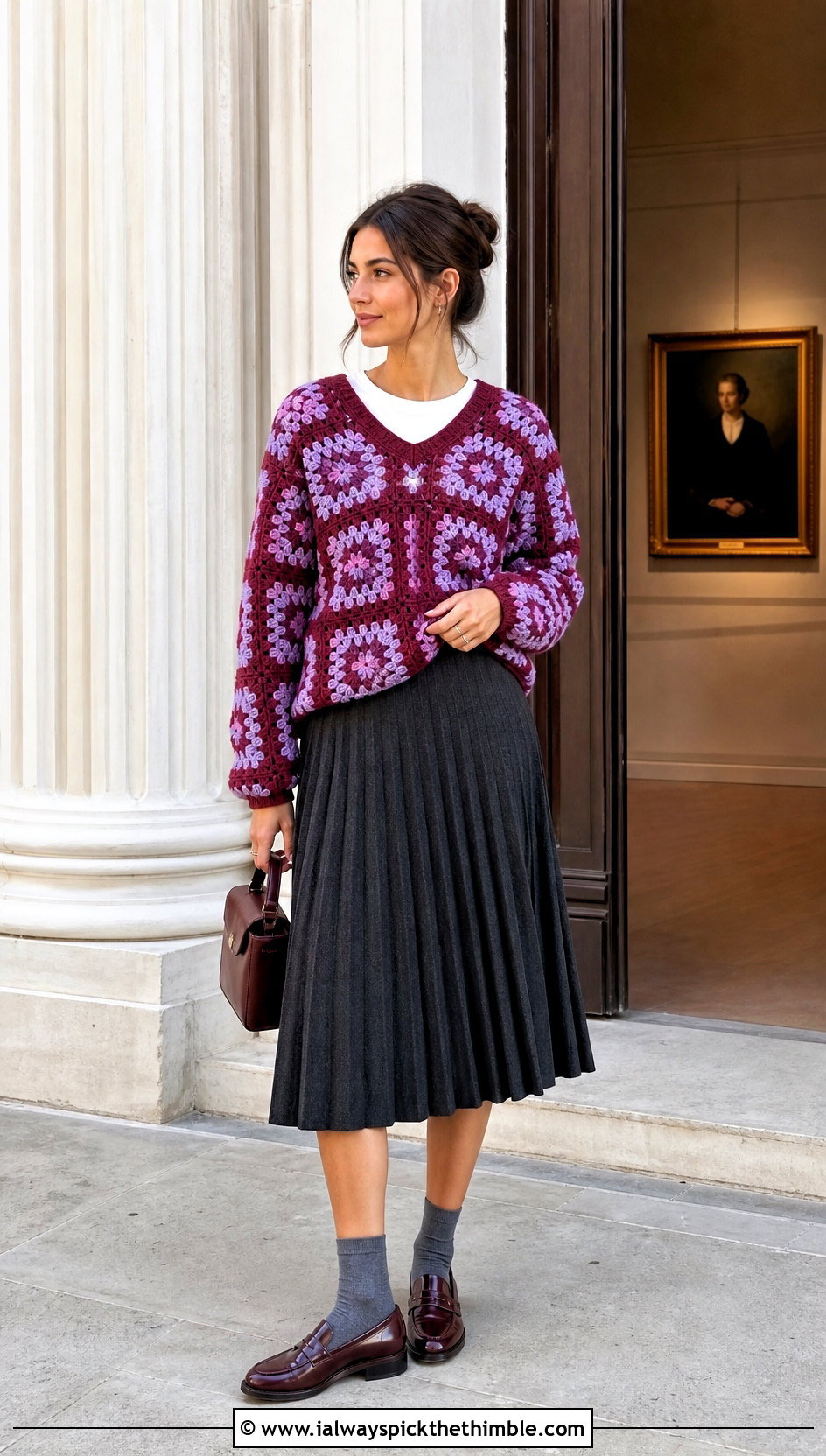 Granny Grid Crochet Sweater With Pleated Midi Skirt - 15 grid crochet sweater design outfit ideas