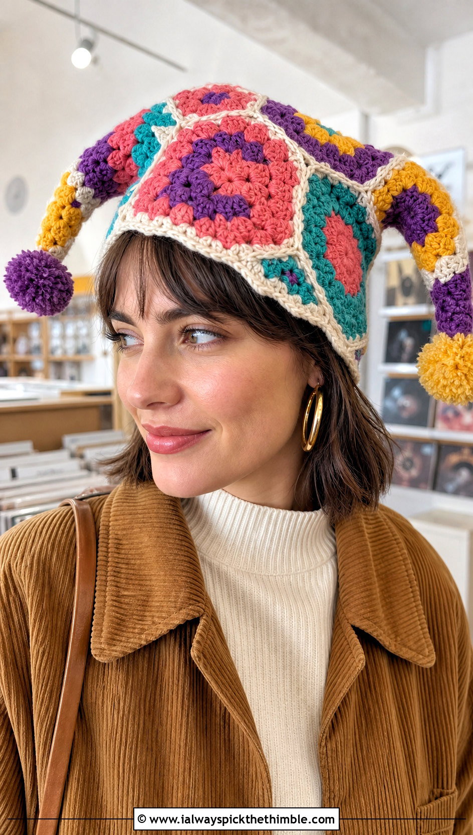 Granny Hexagon Crochet Jester Hat With Wide Leg Jeans - 25 crochet jester hat outfit ideas