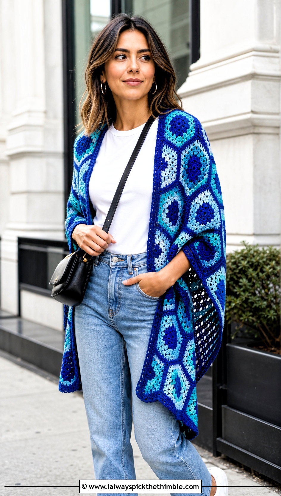 Granny Hexagon Shawl With Straight Leg Jeans - 20 Crochet Hexagon Shawl outfit ideas