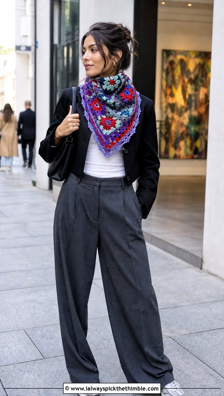 Granny Lace Crochet Scarf With Cropped Jacket And Trousers - 25 crochet lace scarf outfit ideas