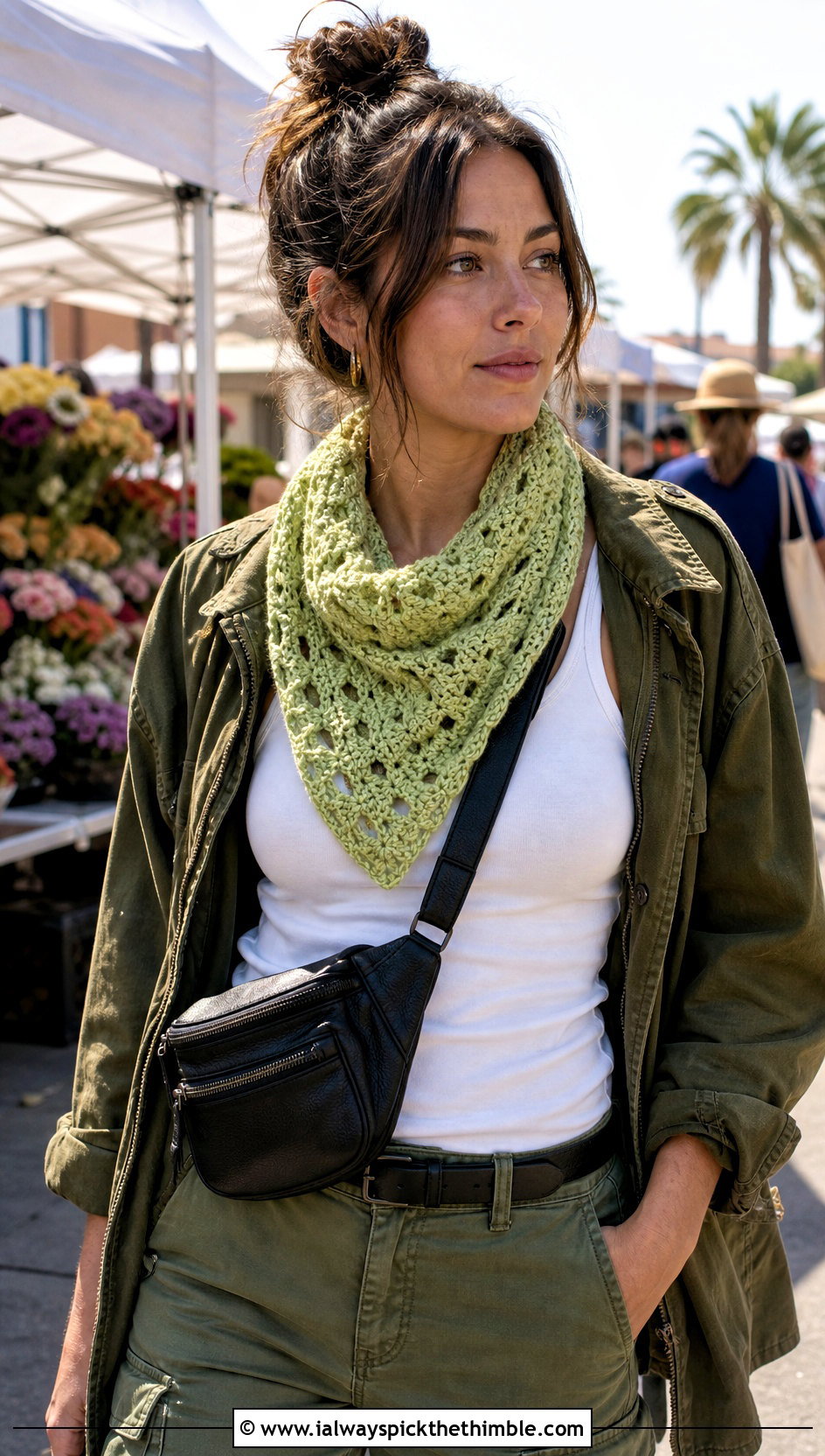 Granny Mesh Lace Crochet Scarf With Utility Jacket And Cargo Pants - 15 Lacy Crochet Scarf outfit ideas