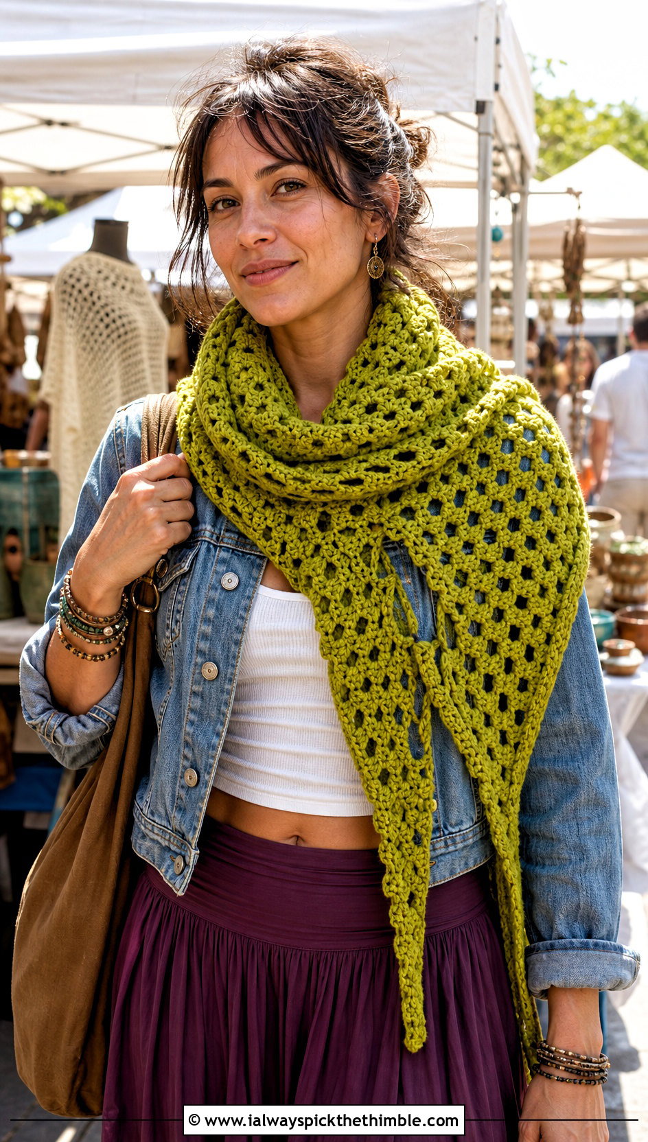 Granny Mesh Triangle Shawl With Denim Jacket And Maxi Skirt - 20 Crochet Lacy Triangle Shawl outfit ideas