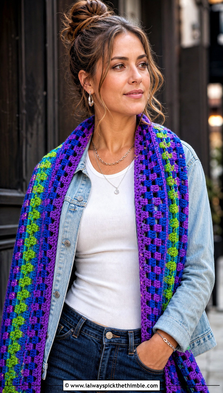 Granny Mesh Triangle Shawl With Denim Jacket - 20 Crochet Mesh Triangle Shawl outfit ideas