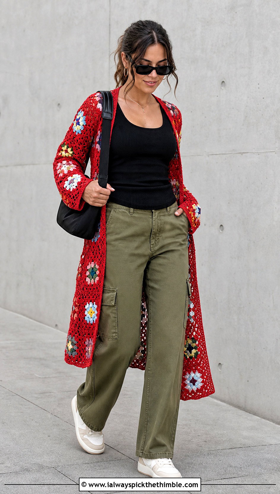 Granny Motif Crochet Lace Duster With Cargo Pants - 20 Crochet Long Lacy Cardigan outfit ideas