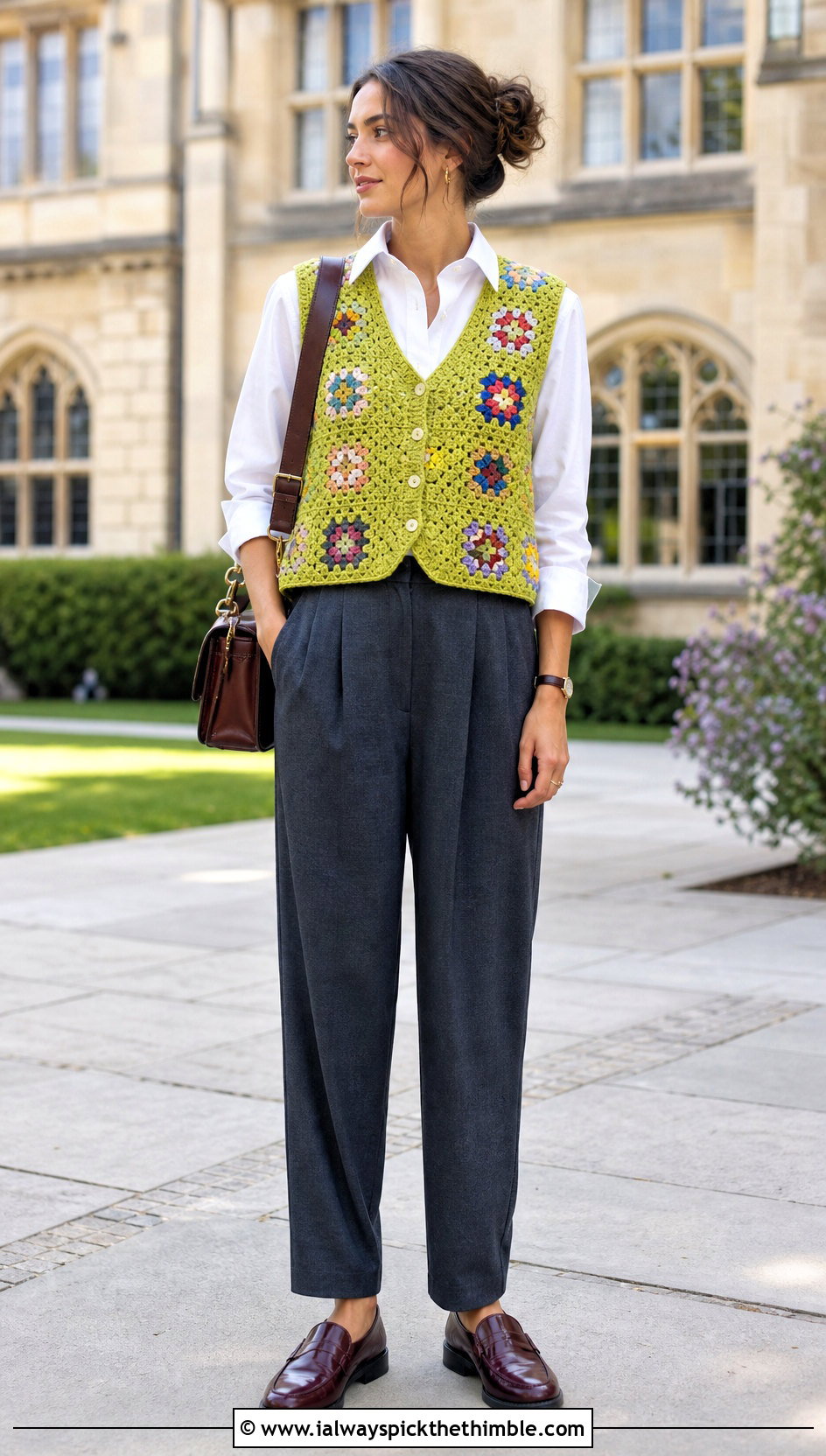 Granny Motif Thread Crochet Vest With An Oxford Shirt - 15 Thread Crochet Tops outfit ideas