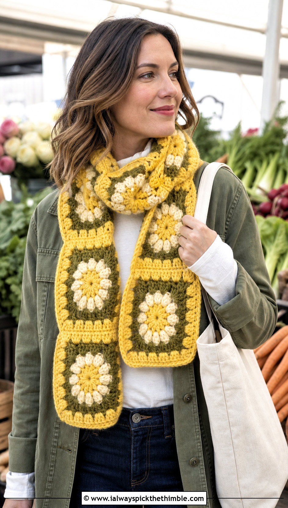 Granny Puff Scarf With Utility Jacket - 15 Playful Puffs Crochet Scarf outfit ideas