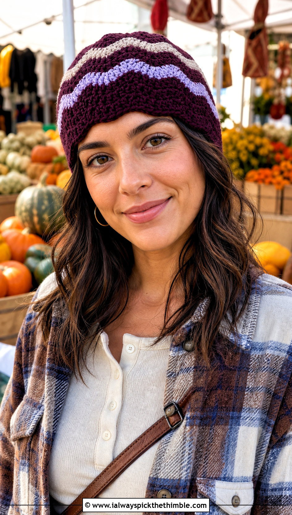 Granny Ripple Crochet Beanie With Plaid Shacket - 20 Wavy Crochet Beanie outfit ideas
