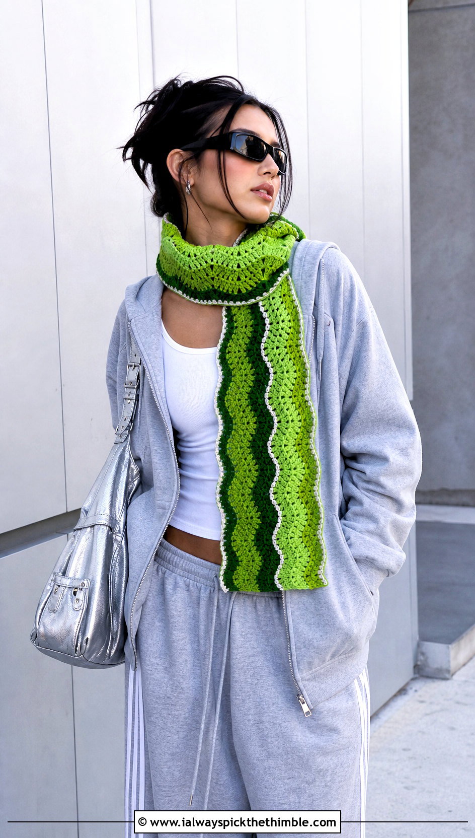 Granny Ripple Crochet Scarf With Hoodie and Track Pants - 20 wavy crochet scarf outfit ideas
