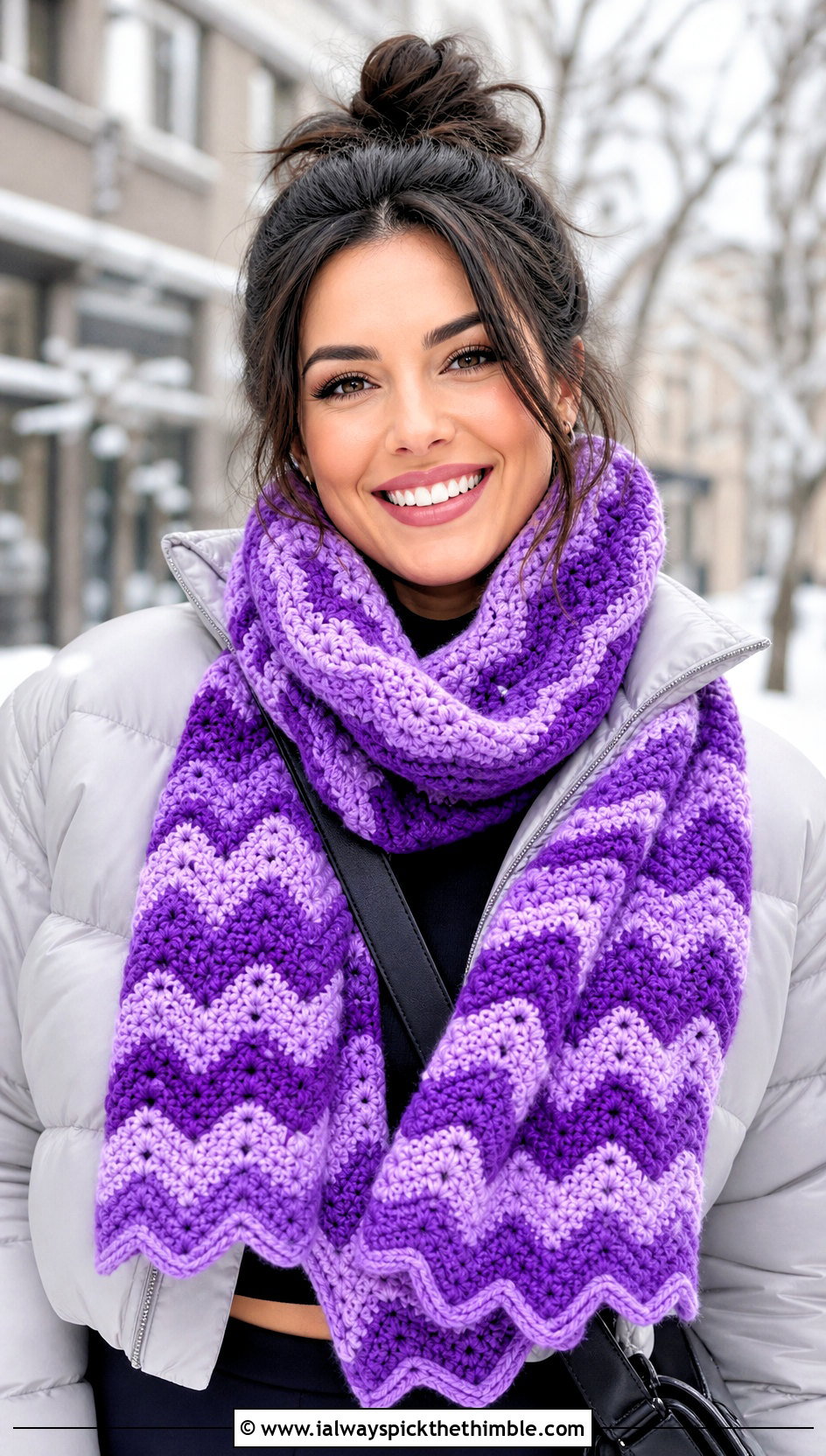Granny Ripple Crochet Scarf With Puffer Jacket And Leggings - 20 one row repeat crochet scarf outfit ideas