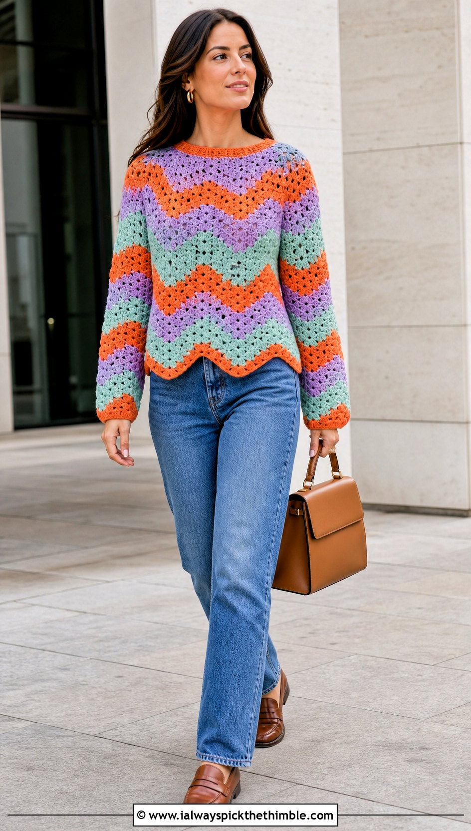 Granny Ripple Crochet Sweater With Straight Leg Jeans - 20 Ripple Crochet Sweater outfit ideas