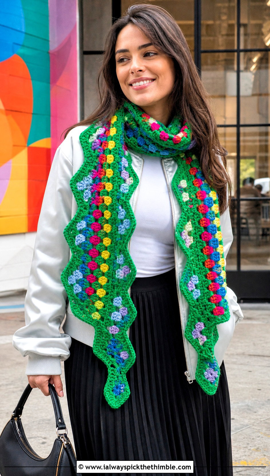 Granny Spike Zig Zag Scarf With Bomber Jacket - 20 Crochet Zig Zag Scarf outfit ideas