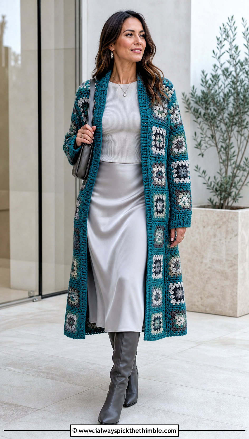 Granny Square Afghan Coatigan With Satin Midi Skirt - 15 crochet granny square afghan style coat cardigan outfit ideas