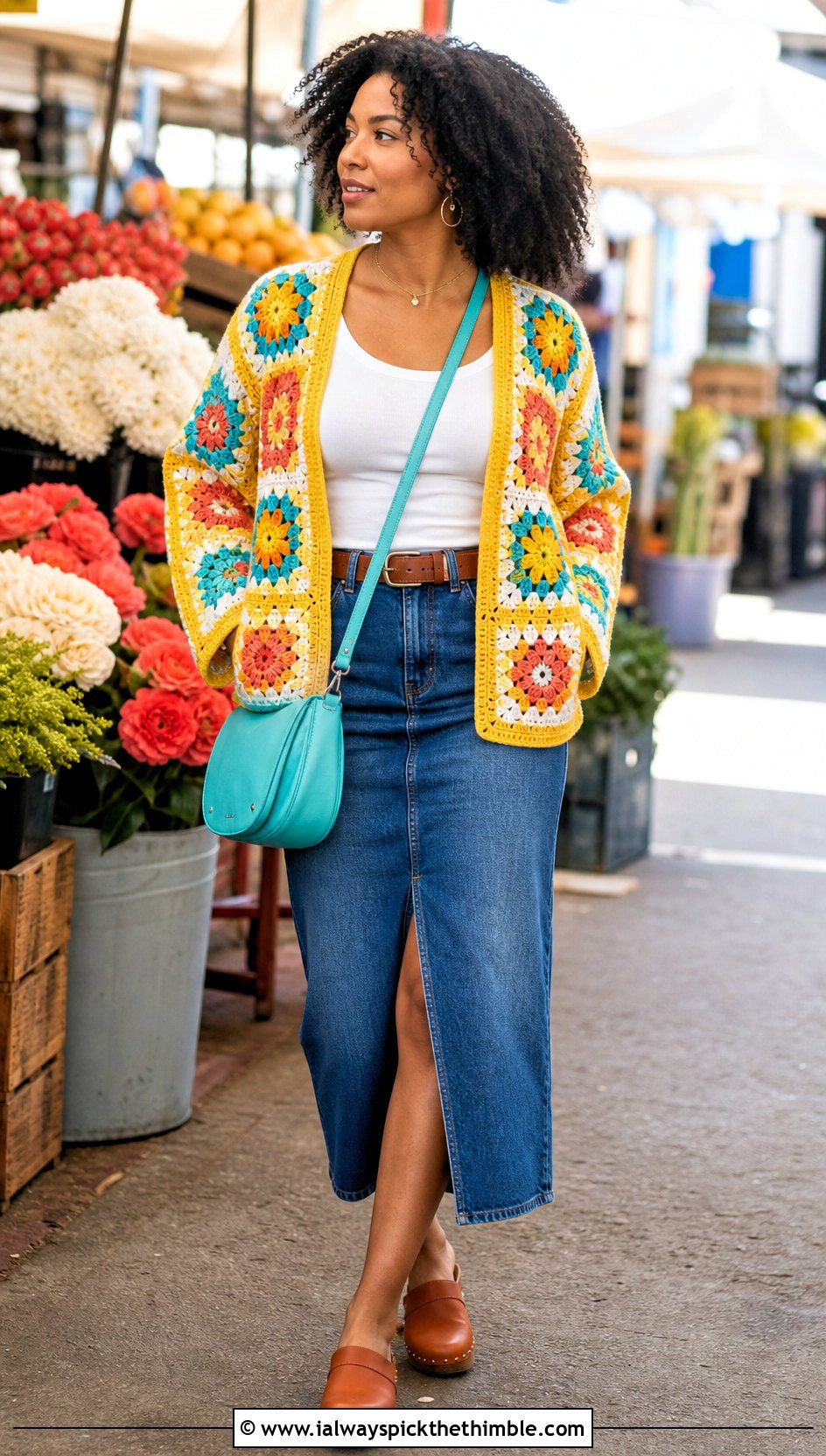 Granny Square African Flower Crochet Cardigan With Denim Skirt - 20 african flower crochet cardigan outfit ideas