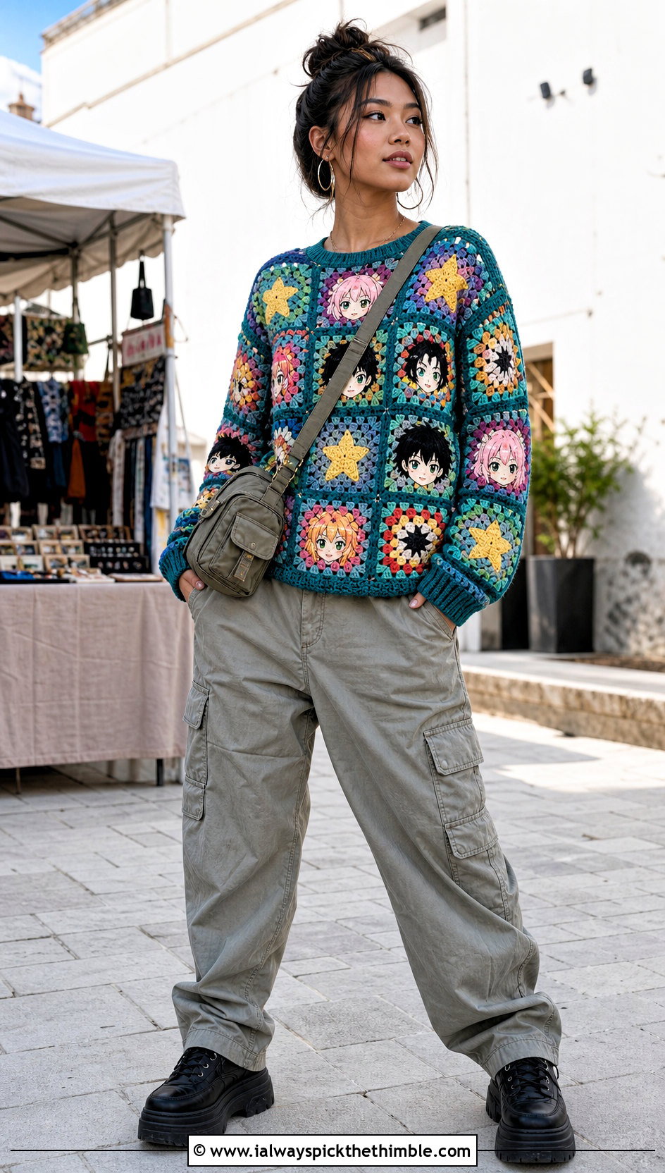 Granny Square Anime Crochet Sweater With Cargo Pants - 20 Anime Crochet Sweater outfit ideas