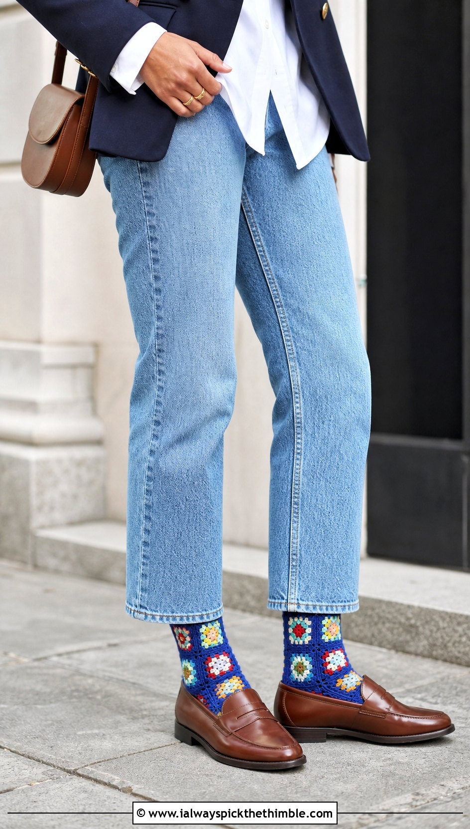 Granny Square Ankle Socks With Loafers And Jeans - 25 easy crocheted socks outfit ideas