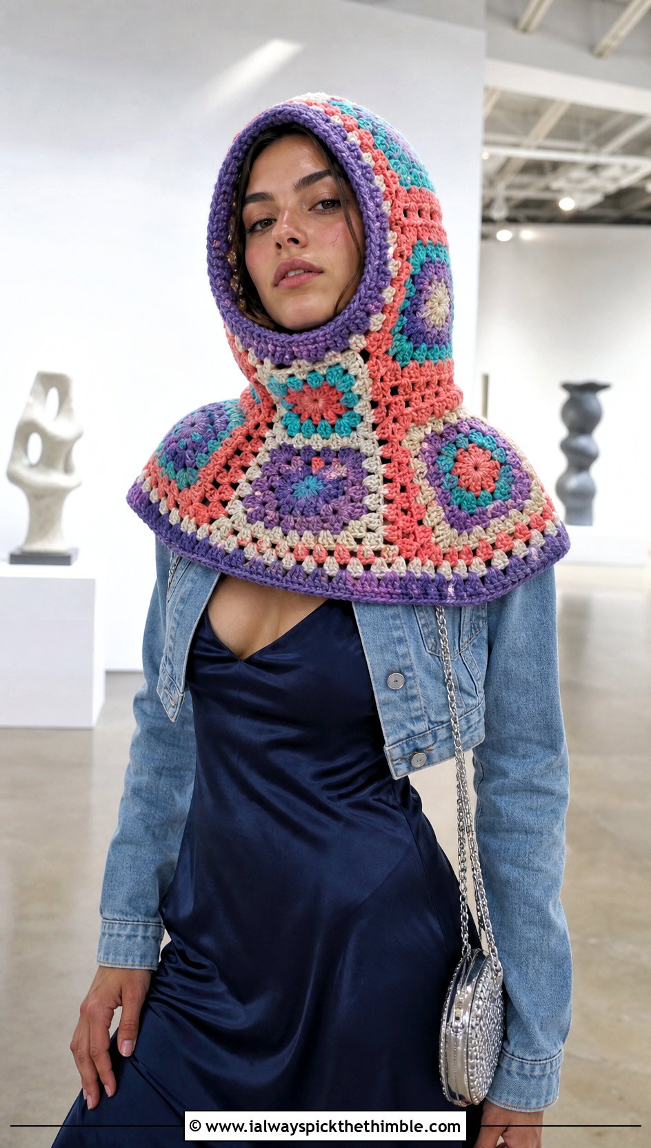 Granny Square Astronaut Hood With Slip Dress - 15 Crochet Astronaut Hat outfit ideas