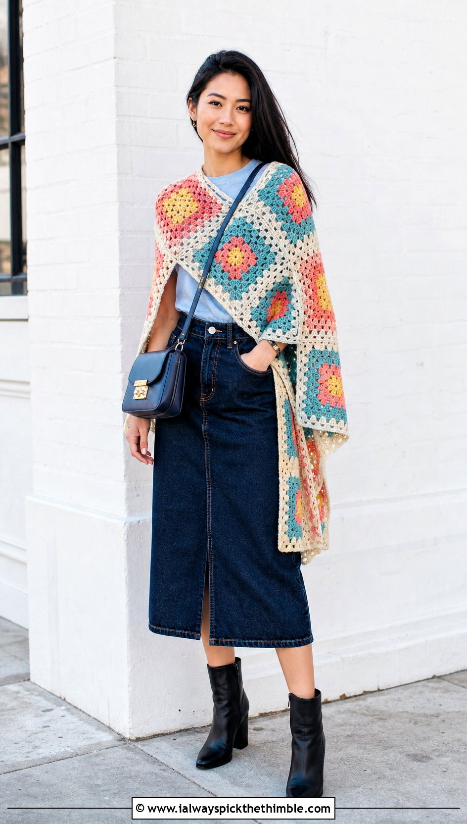 Granny Square Asymmetrical Crochet Poncho With Denim Midi Skirt - 20 Asymmetrical Crochet Poncho outfit ideas
