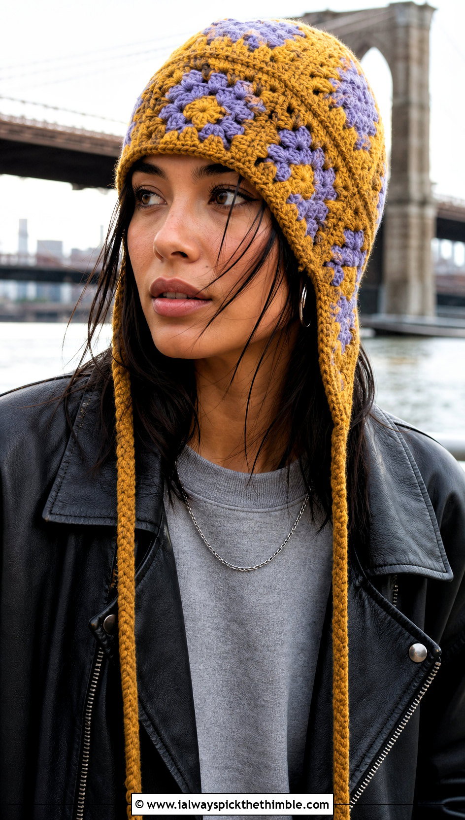 Granny Square Aviator Hat With Leather Jacket - 25 granny square hats outfit ideas