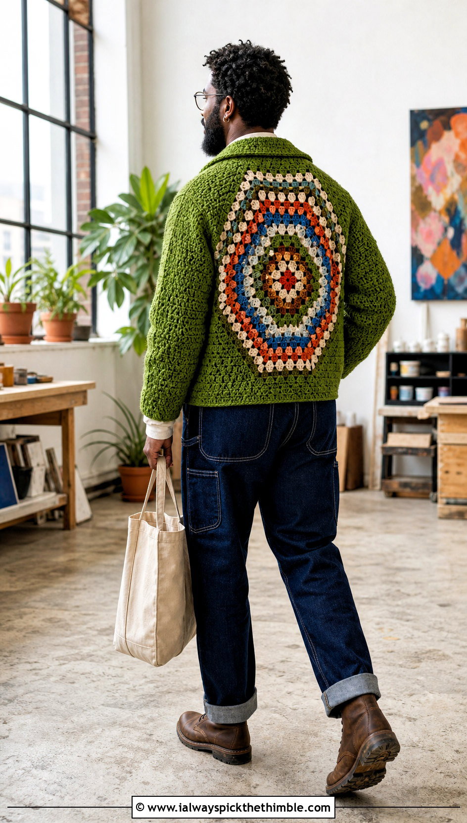 Granny Square Back Hexagon Cardigan With Overalls - 25 men hexagon crochet cardigan outfit ideas