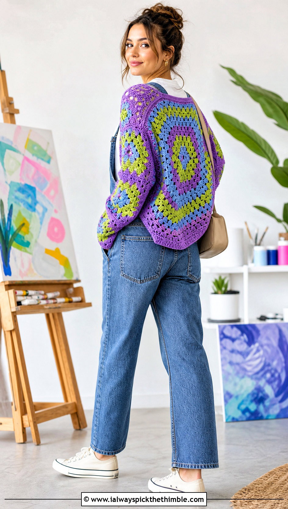 Granny Square Back Hexagon Crochet Cardigan With Overalls - 25 hexagon crochet cardigan outfit ideas