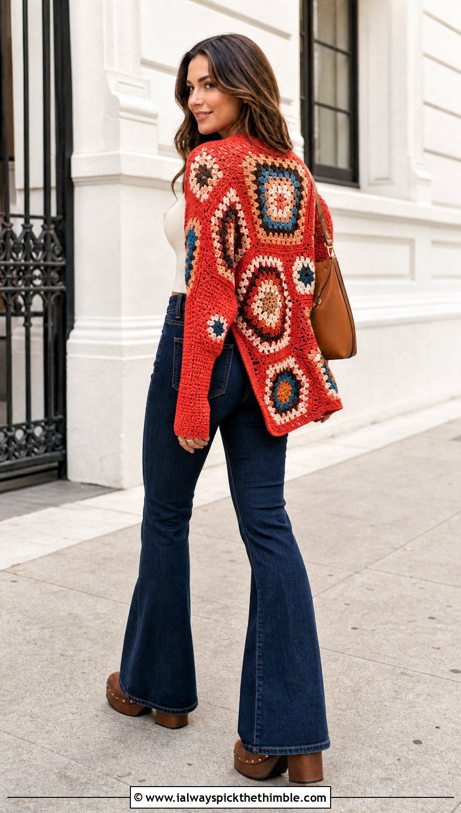 Granny Square Back Hexi Crochet Cardigan With Flared Jeans - 25 hexi crochet cardigan outfit ideas