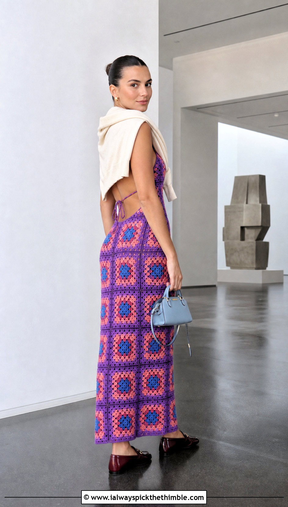 Granny Square Backless Crochet Column Dress With Loafers - 15 backless crochet dress outfit ideas