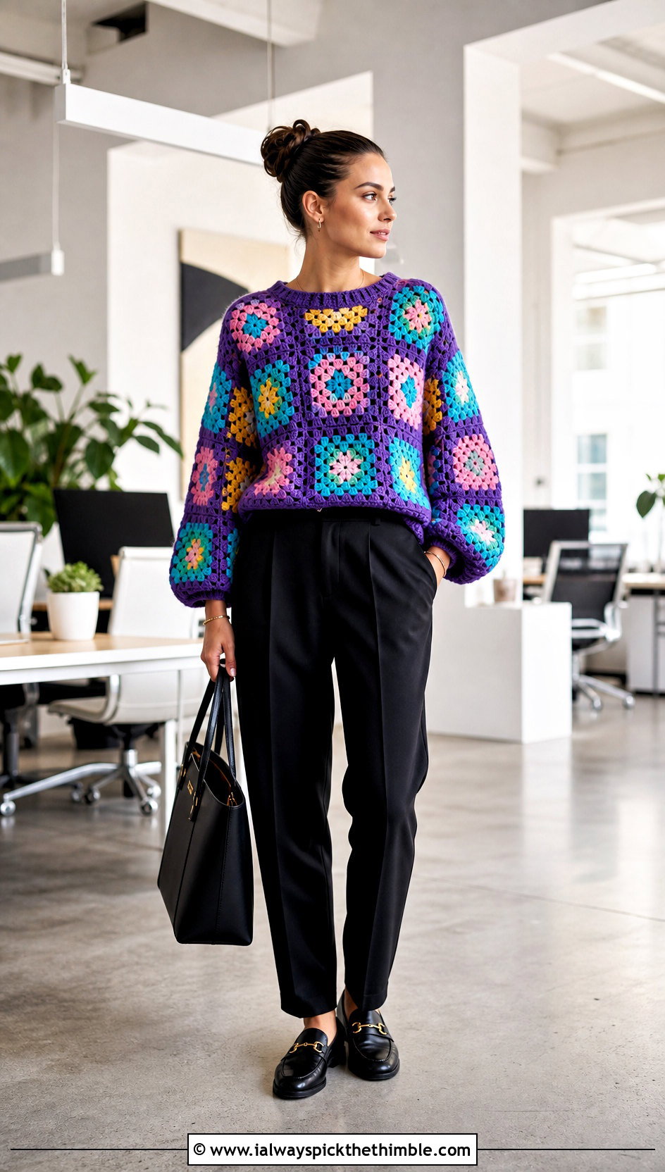 Granny Square Baggy Crochet Sweater With Black Trousers - 25 baggy crochet sweater outfit ideas