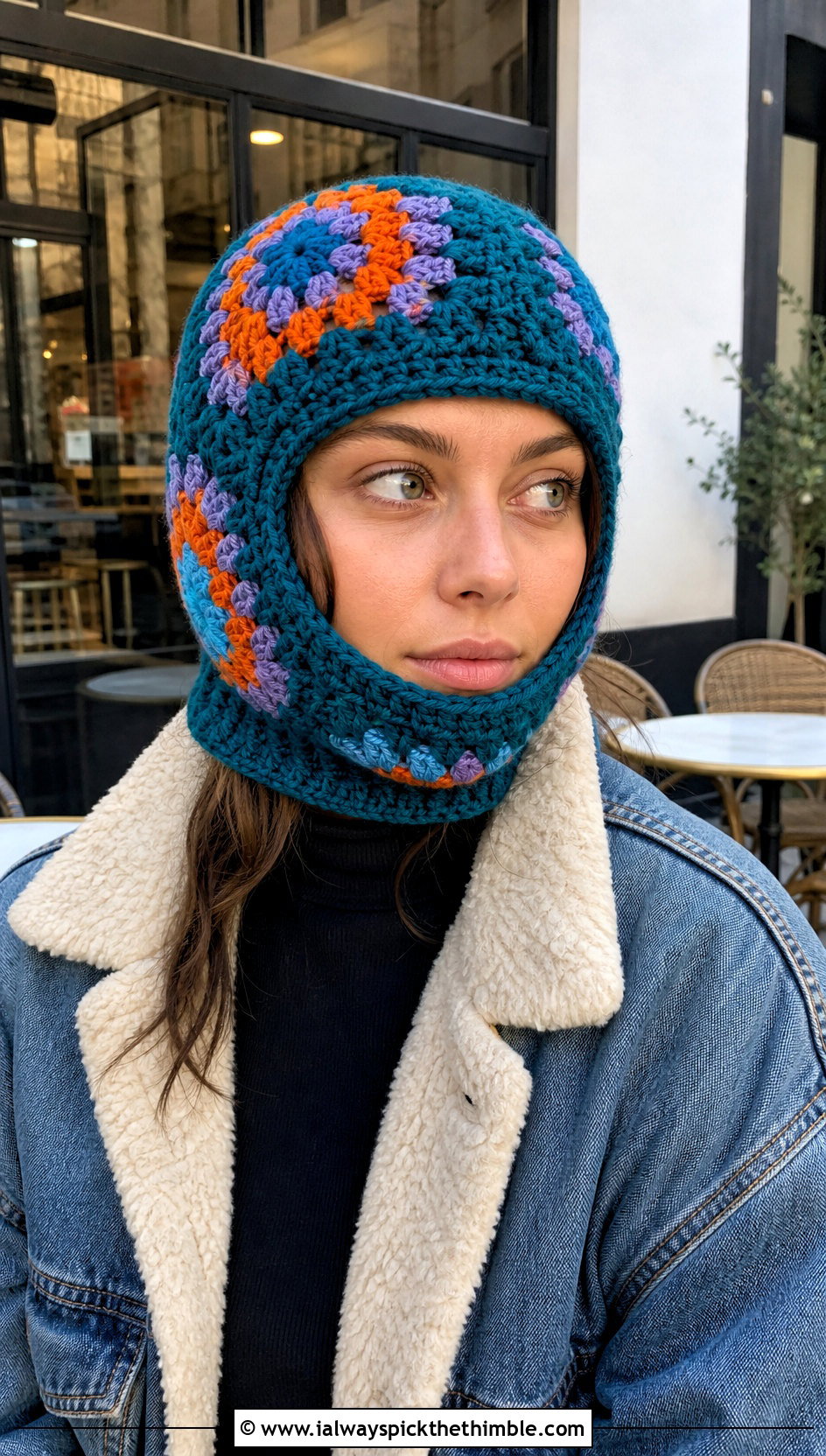 Granny Square Balaclava With Denim Jacket - 20 crochet balaclava ski mask outfit ideas