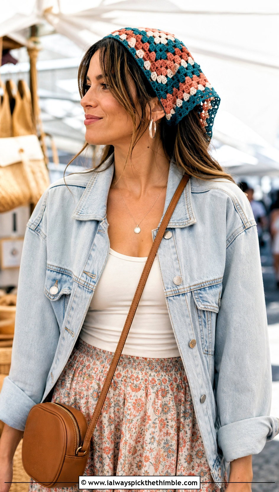Granny Square Bandana Crochet Scarf With Denim Jacket And Skirt - 20 Bandana Crochet Scarf outfit ideas