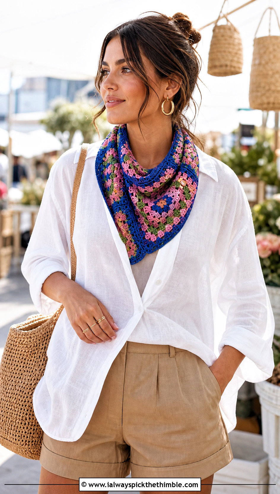 Granny Square Bandana Scarf With Linen Shirt And Shorts - 20 crochet summer scarf outfit ideas