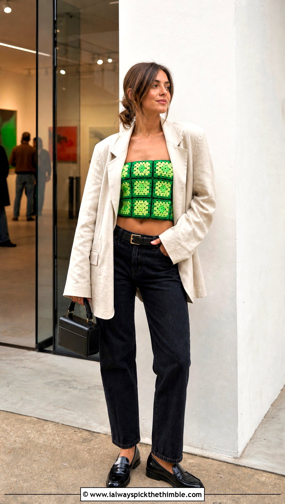 Granny Square Bandeau Top With Oversized Blazer - 20 crochet granny square summer top outfit ideas