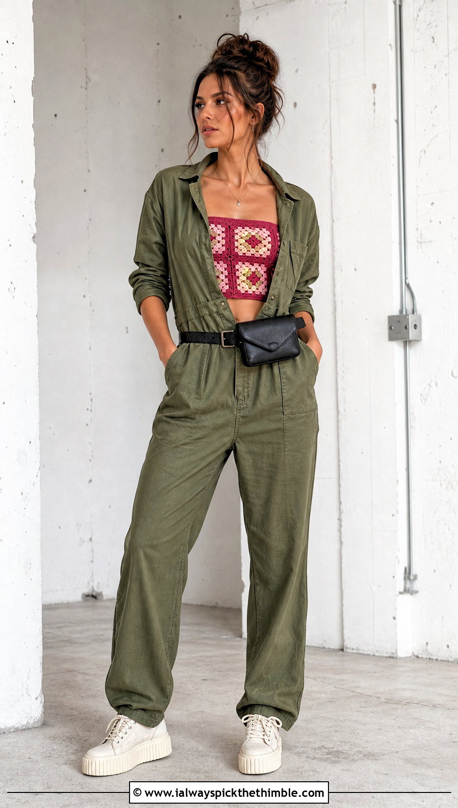 Granny Square Bandeau Top With Utility Jumpsuit - 20 Crochet Granny Square Tops For Women outfit ideas