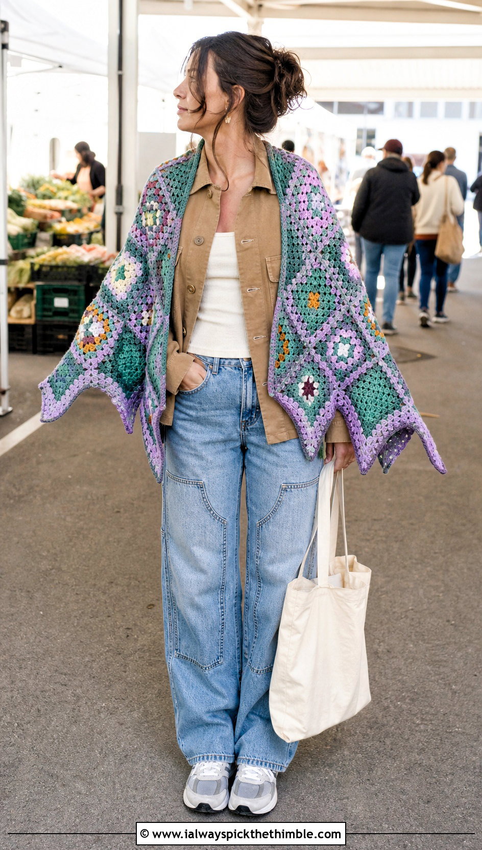 Granny Square Bat Wing Crochet Shawl With Chore Jacket - 20 bat wing crochet shawl outfit ideas