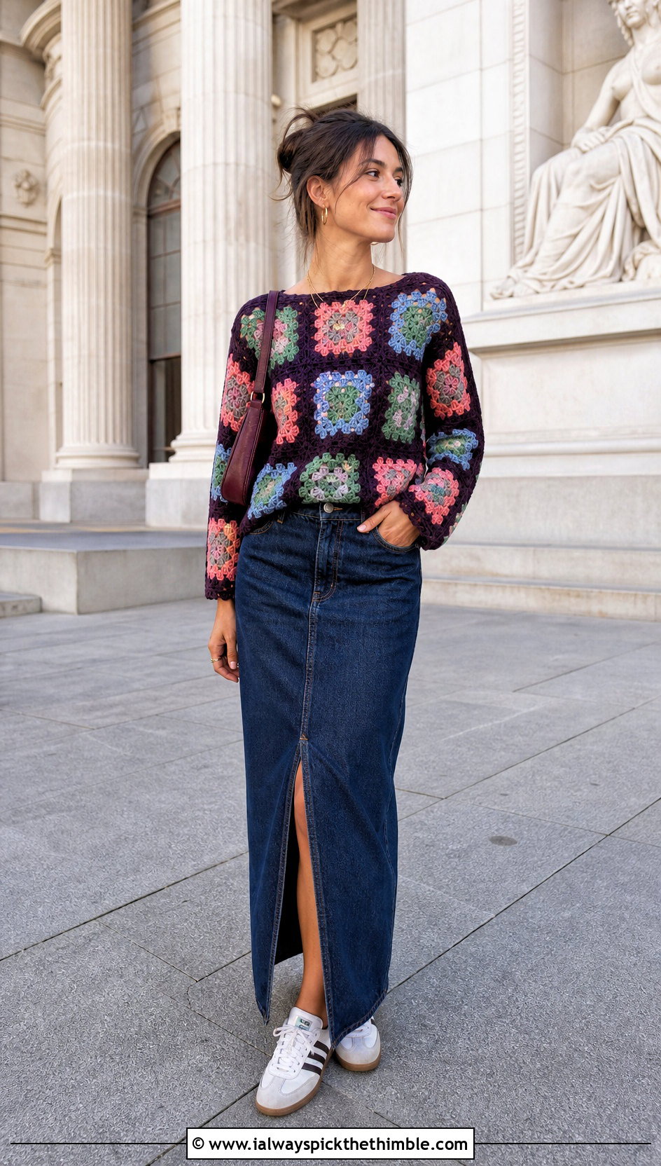 Granny Square Bateau Crochet Sweater With Denim Maxi Skirt - 15 Crochet Wide Neck Sweater outfit ideas