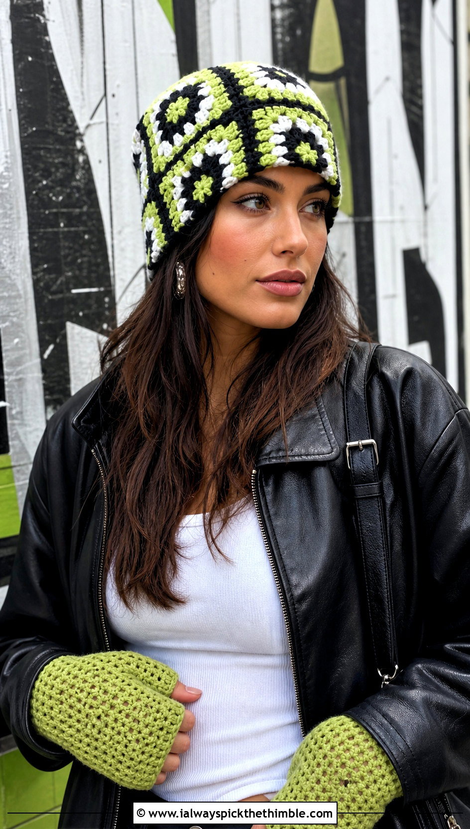 Granny Square Beanie And Fingerless Mitts With A Leather Jacket - 15 Crochet Hat And Gloves outfit ideas