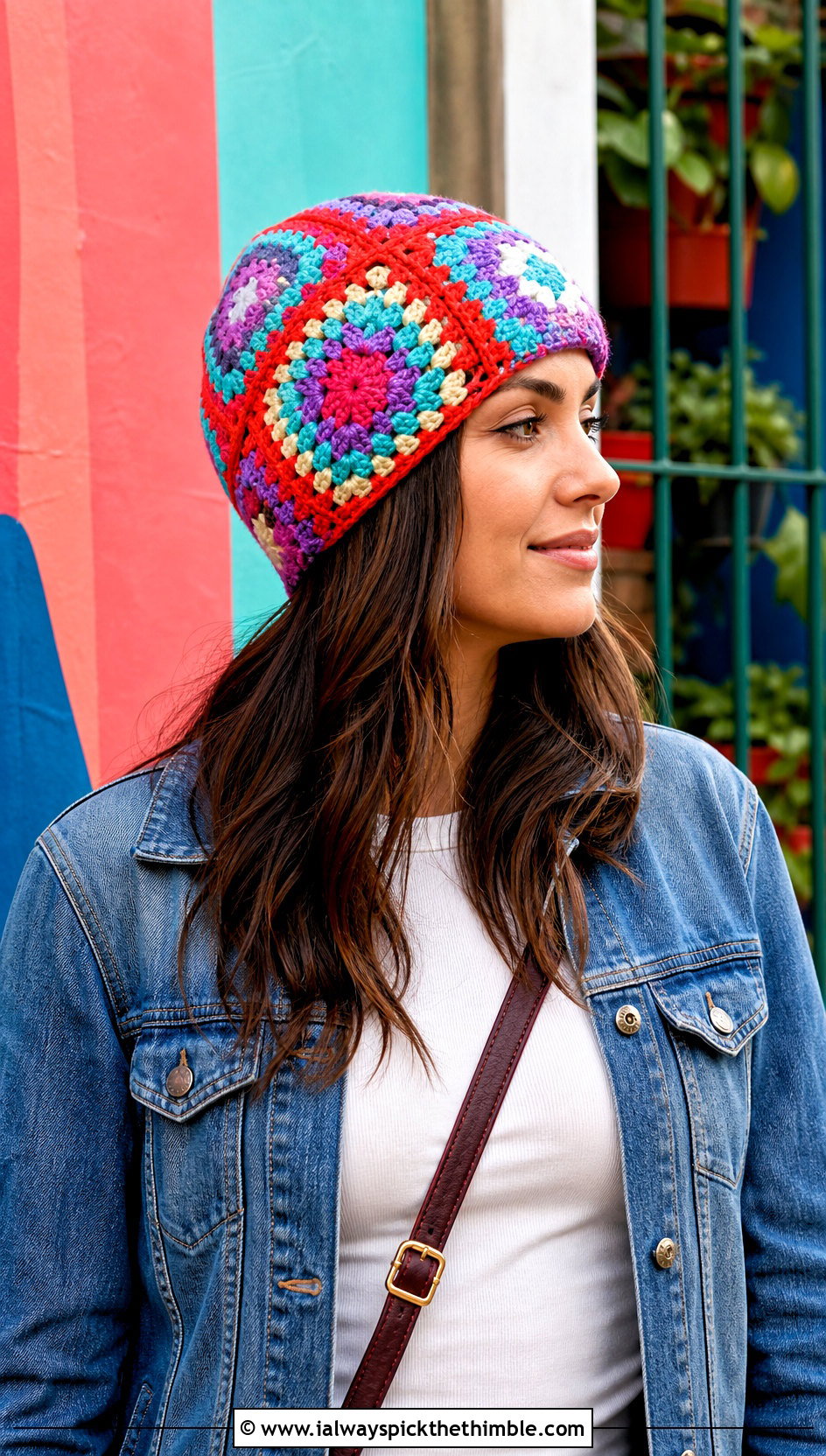 Granny Square Beanie With Denim Jacket And Maxi Skirt - 15 Crochet Woolly Hat outfit ideas
