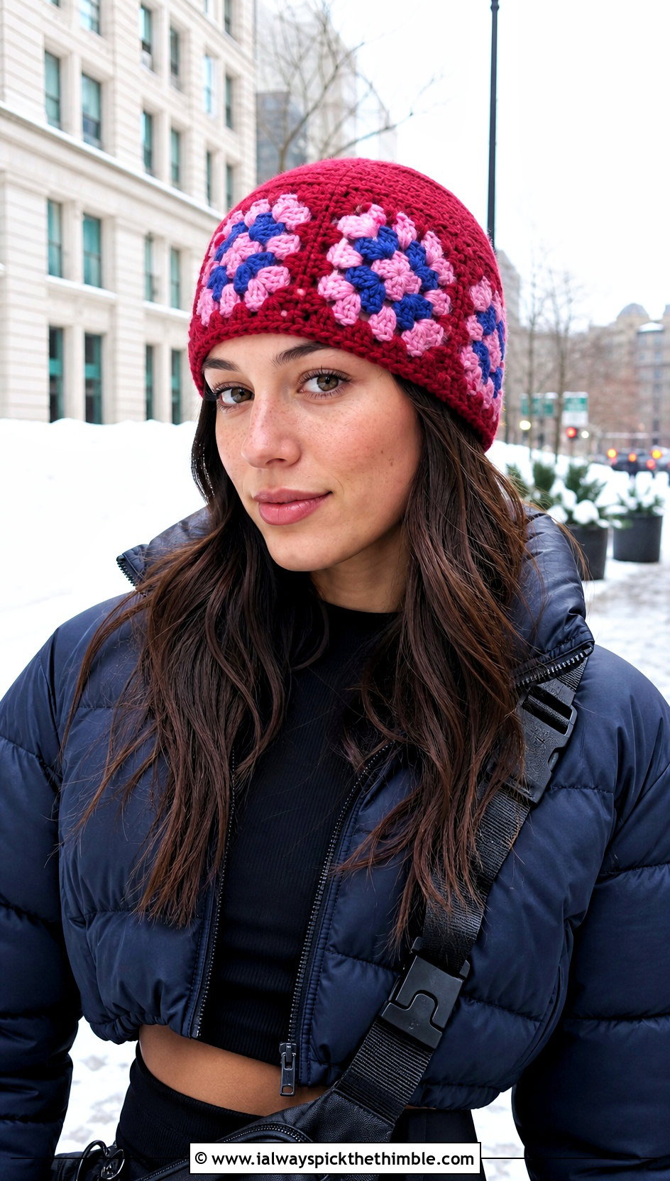 Granny Square Beanie With Puffer Jacket And Leggings - 25 granny square hat outfit ideas