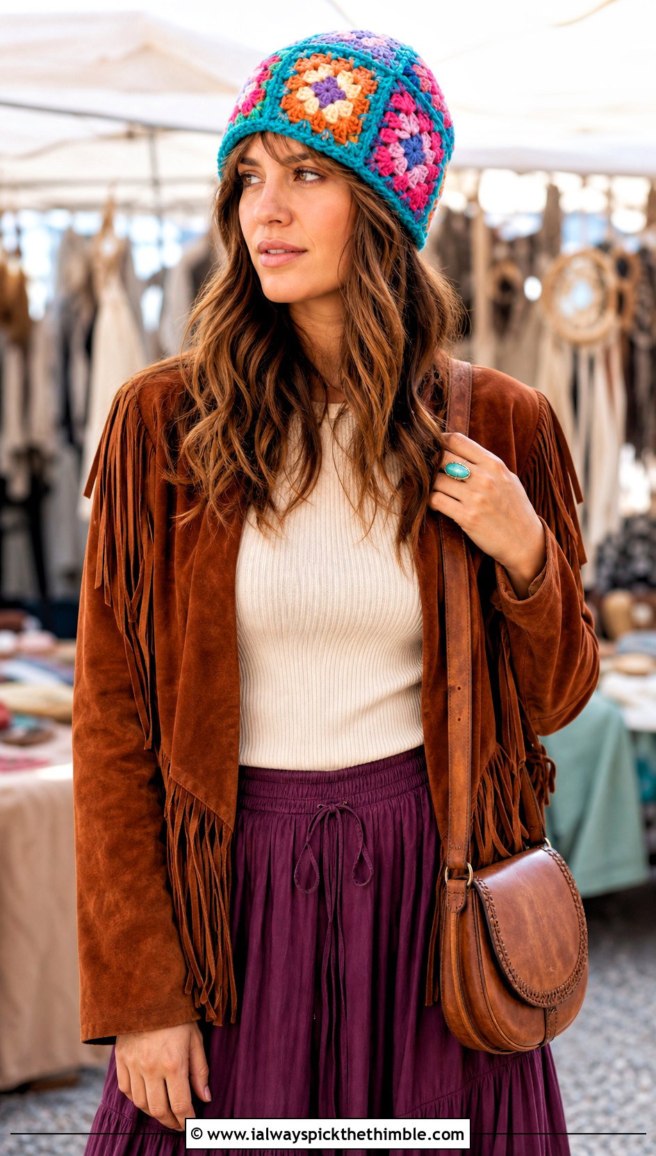 Granny Square Beanie With Suede Fringe Jacket And Maxi Skirt - 20 Boho Crochet Beanie outfit ideas