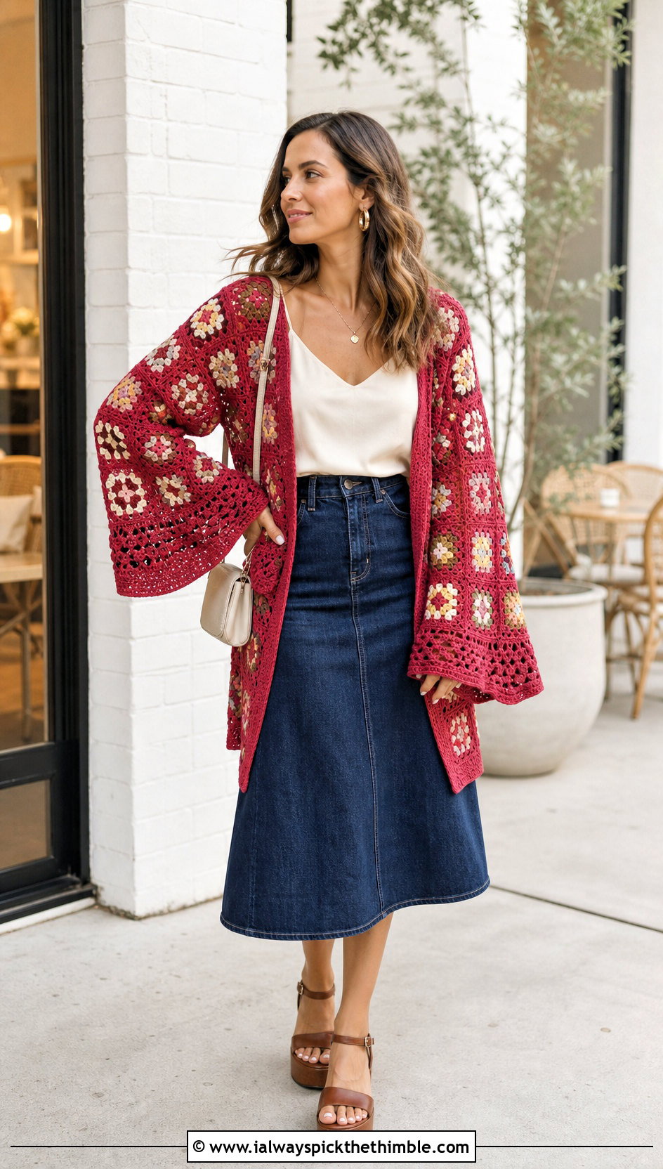 Granny Square Bell Sleeve Cover Up With A Denim Skirt - 25 granny square cover up outfit ideas