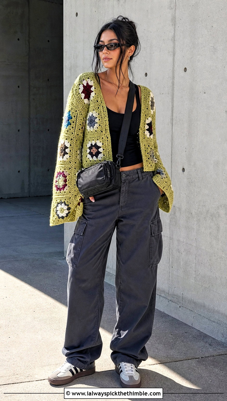 Granny Square Bell Sleeve Crochet Sweater With Cargo Pants - 20 bell sleeve crochet sweater outfit ideas