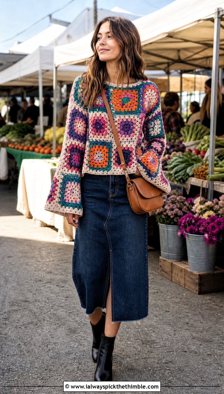 Granny Square Bell Sleeve Crochet Sweater With Denim Midi Skirt - 20 crochet sweater bell sleeves outfit ideas