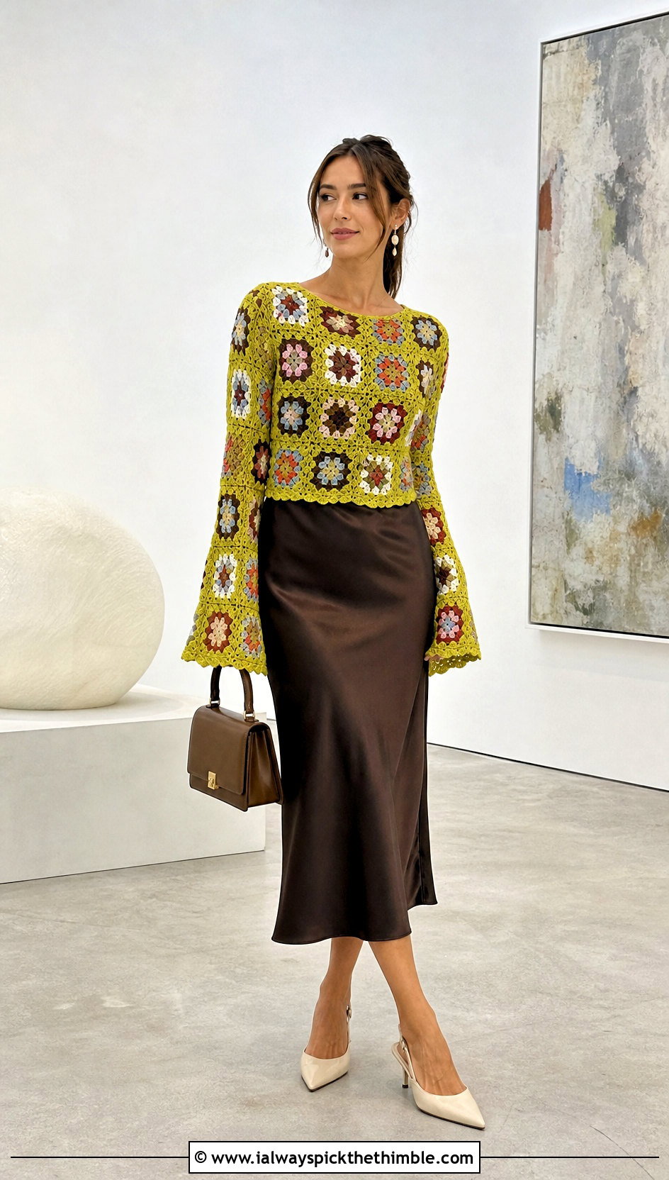 Granny Square Bell Sleeve Crochet Top With Satin Midi Skirt - 25 crochet sleeve top outfit ideas