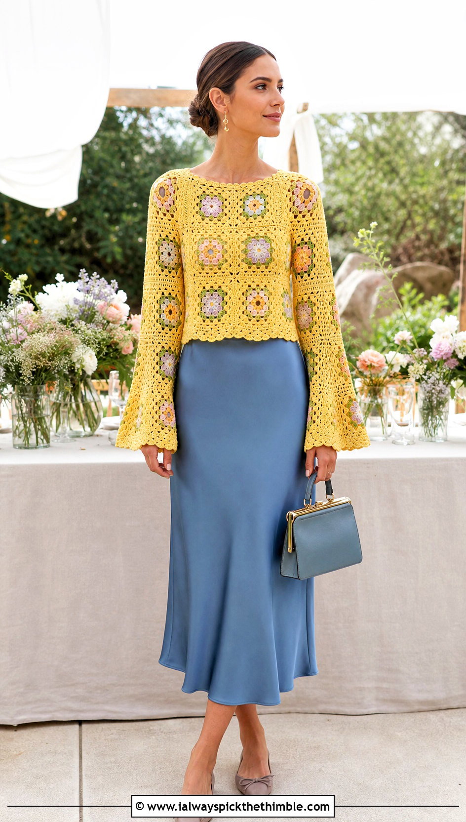 Granny Square Bell Sleeve Crochet Top With Satin Midi Skirt - 20 Crochet Tops With Long Sleeves outfit ideas
