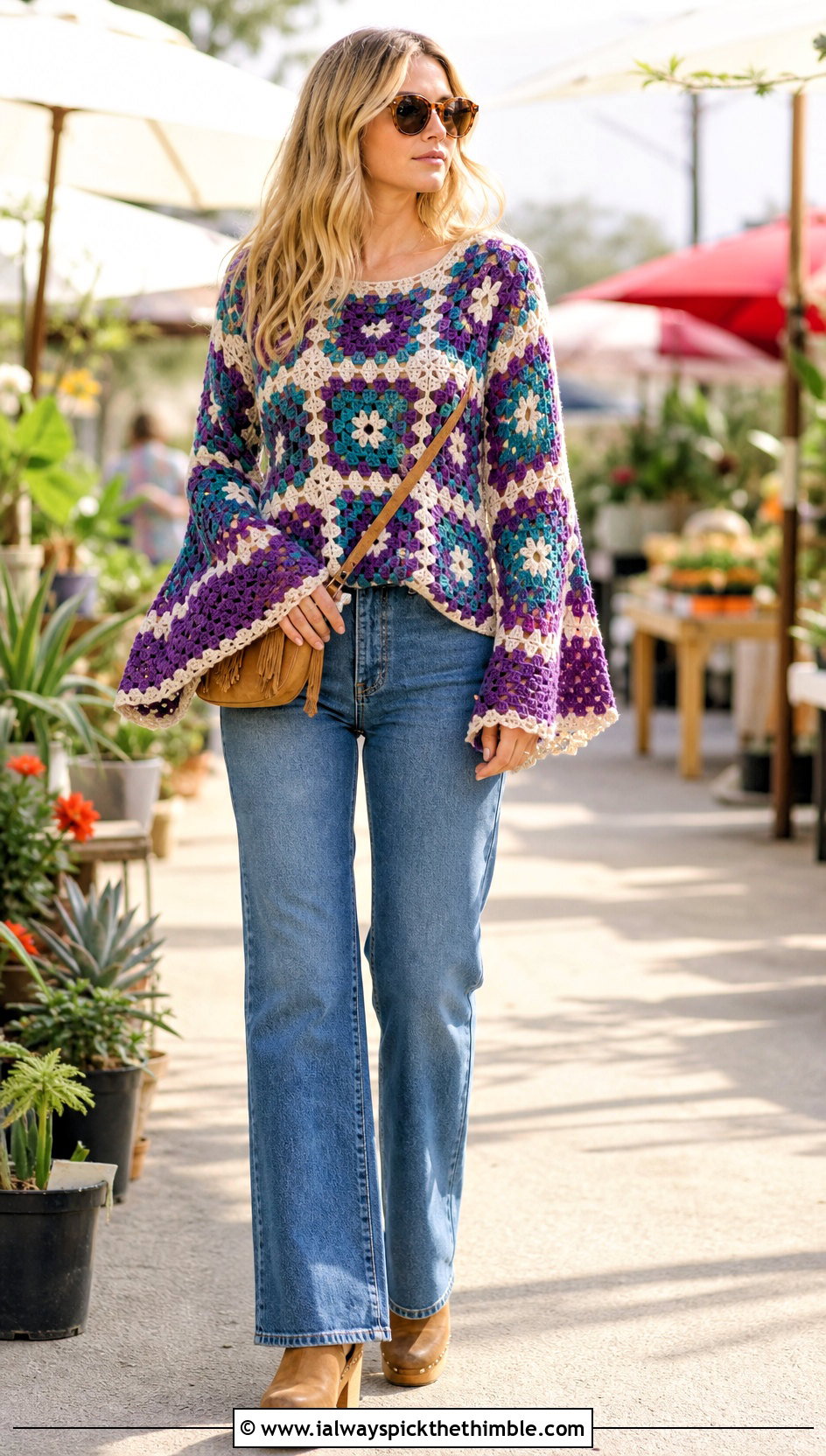 Granny Square Bell Sleeve Crochet Top With Straight Jeans - 25 crochet tops with sleeves outfit ideas