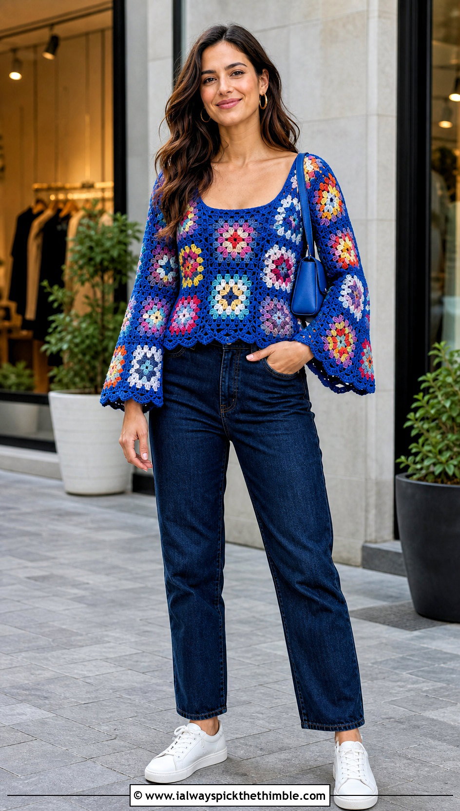 Granny Square Bell Sleeve Crochet Top With Straight Jeans - 25 crochet top with sleeves outfit ideas