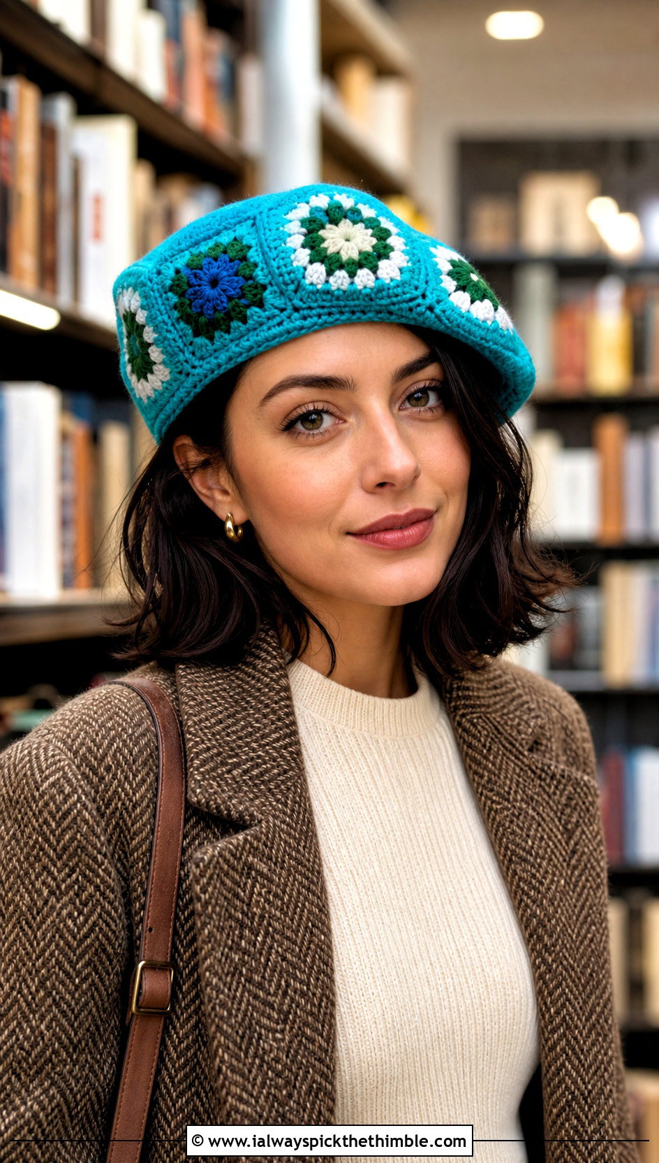 Granny Square Beret With Tweed Blazer And Trousers - 25 granny square hat outfit ideas