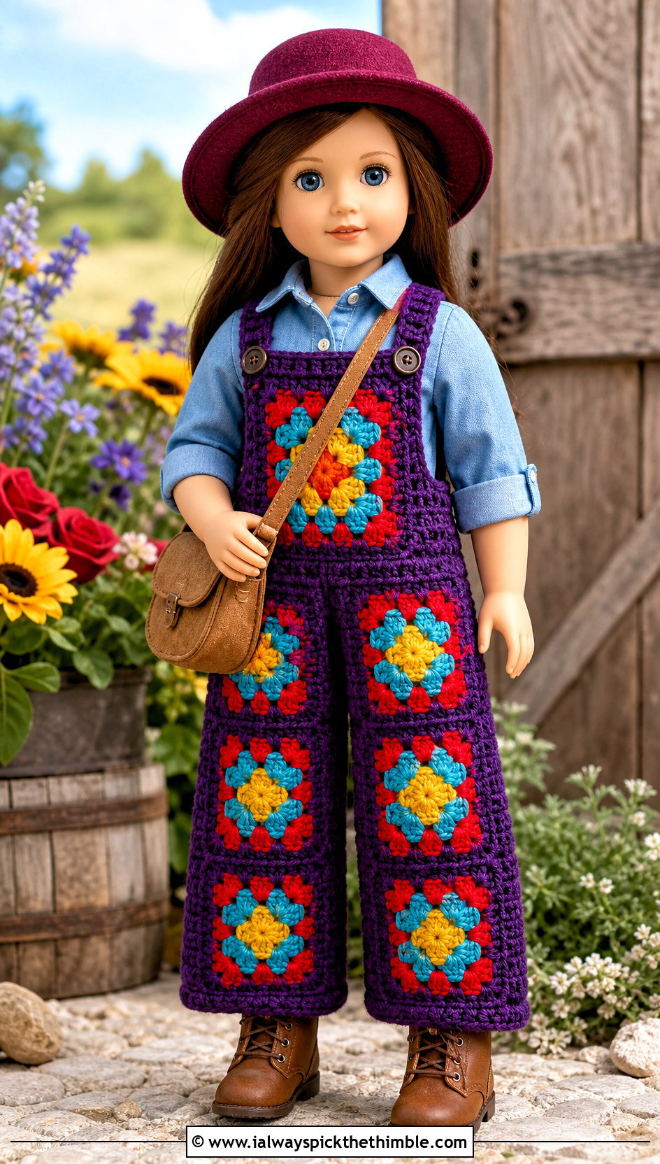 Granny Square Bib Crochet Doll Overalls With Chambray Shirt - 20 crochet doll overalls outfit ideas